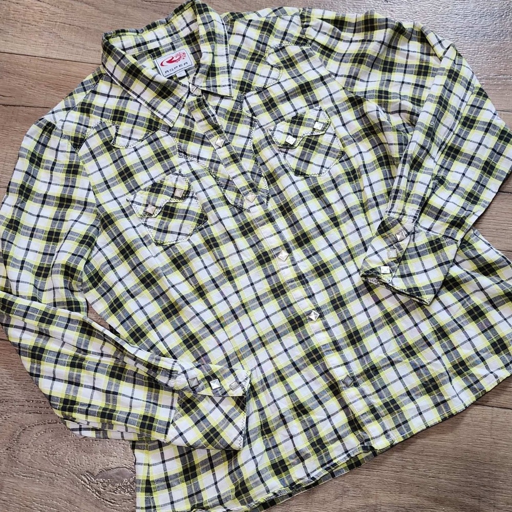 Roper Womens XL Western Plaid Snap Button Shirt Lime Green Black Yoke Cowgirl